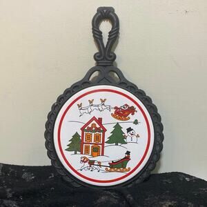 Cast Iron Christmas Tile Trivet Scenery Cooling Santa Reindeer Vintage Hanging